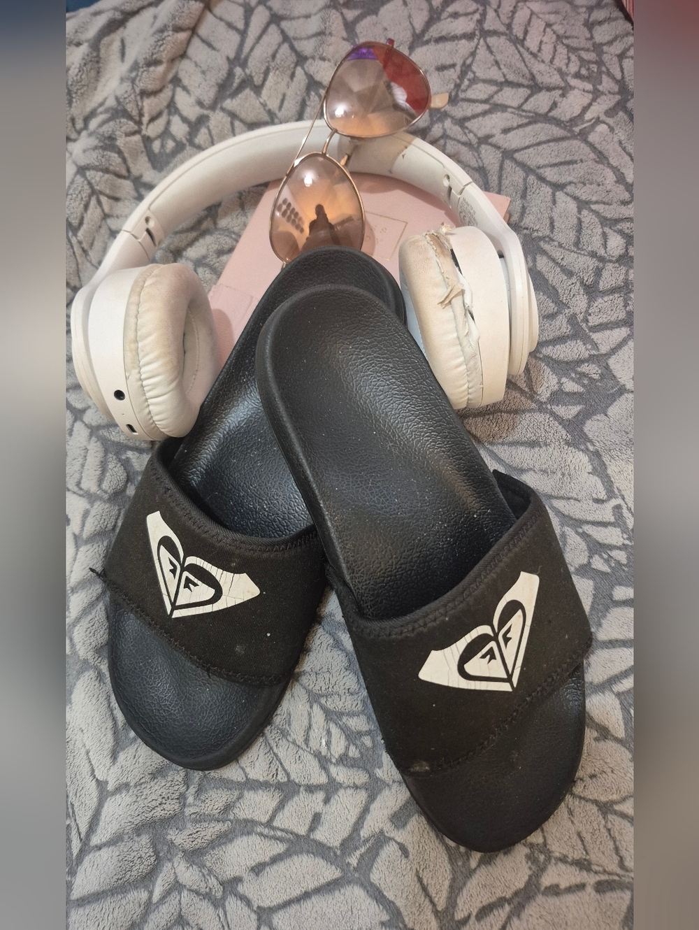 Roxy Black Slide Sandals with White Logo